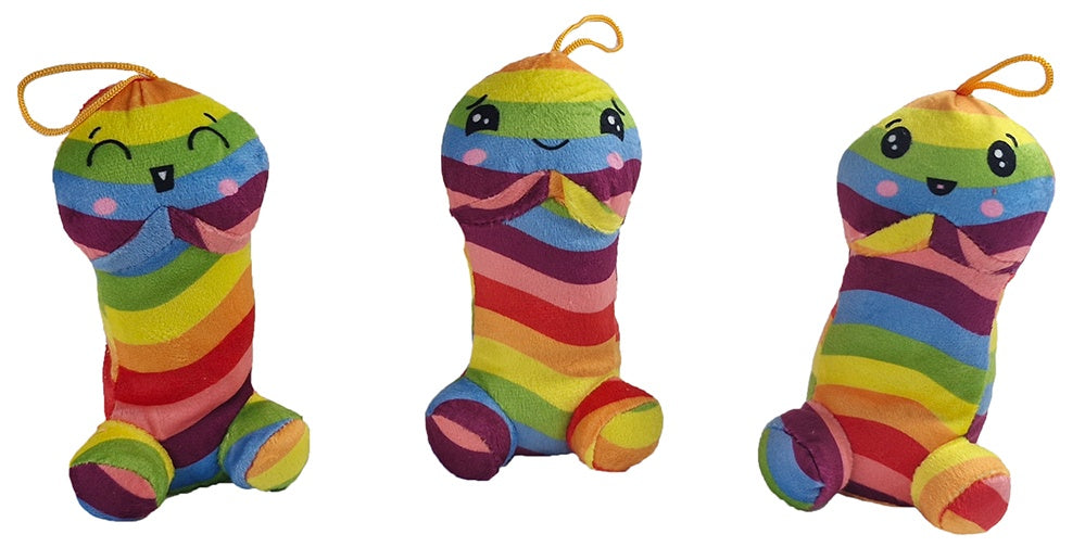 Regenbogenfarbener Plüsch Penis mit Gesicht, ca. 18 cm