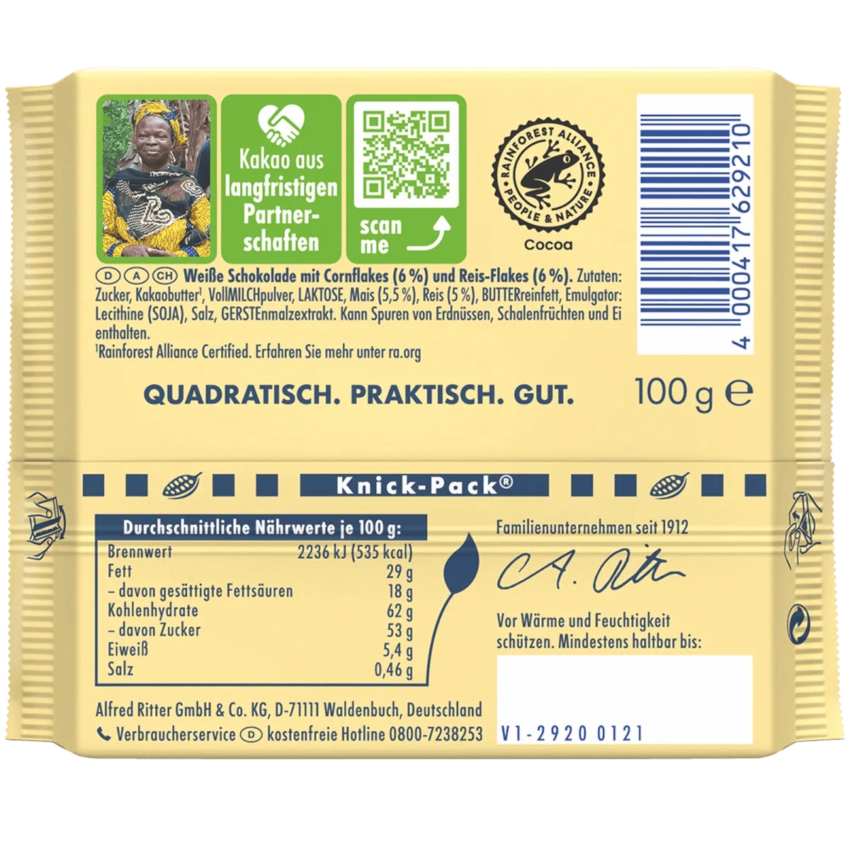 Alfred Ritter GmbH & Co. KG Weiß + Crisp Schokoladen-Tafel 100g