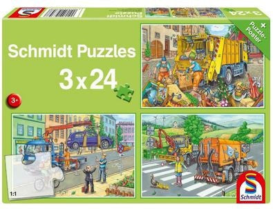 Schmidt Kinderpuzzle, 3 x 24 Teile, Müllwagen, Abschleppauto, Kehrmaschine