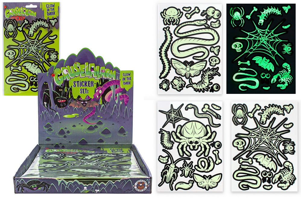 PL GRUSELALARM Glow in the Dark Sticker 3-fach sortiert - Bogen ca 25x15cm candytoys.ch Switzerland