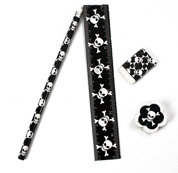 Schreibset Piratenmotiv mit Lineal, Bleistift, Radierer und Anspitzer