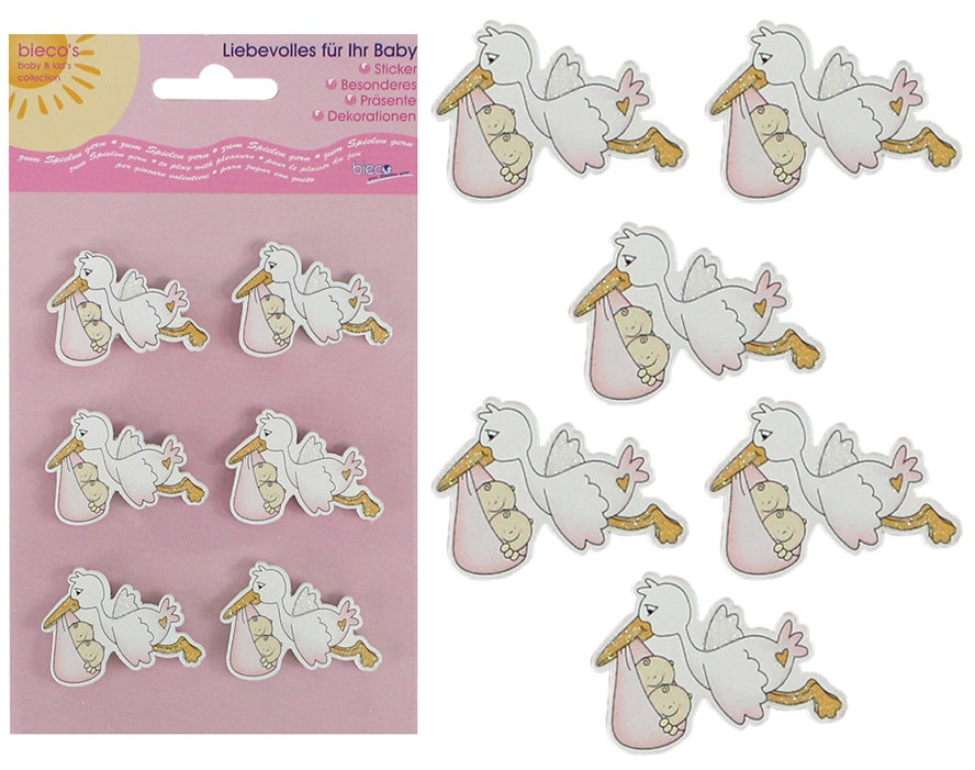 Bieco Holz-Sticker Storch rosa 6 Stück - Bogen ca 17,5x10cm
