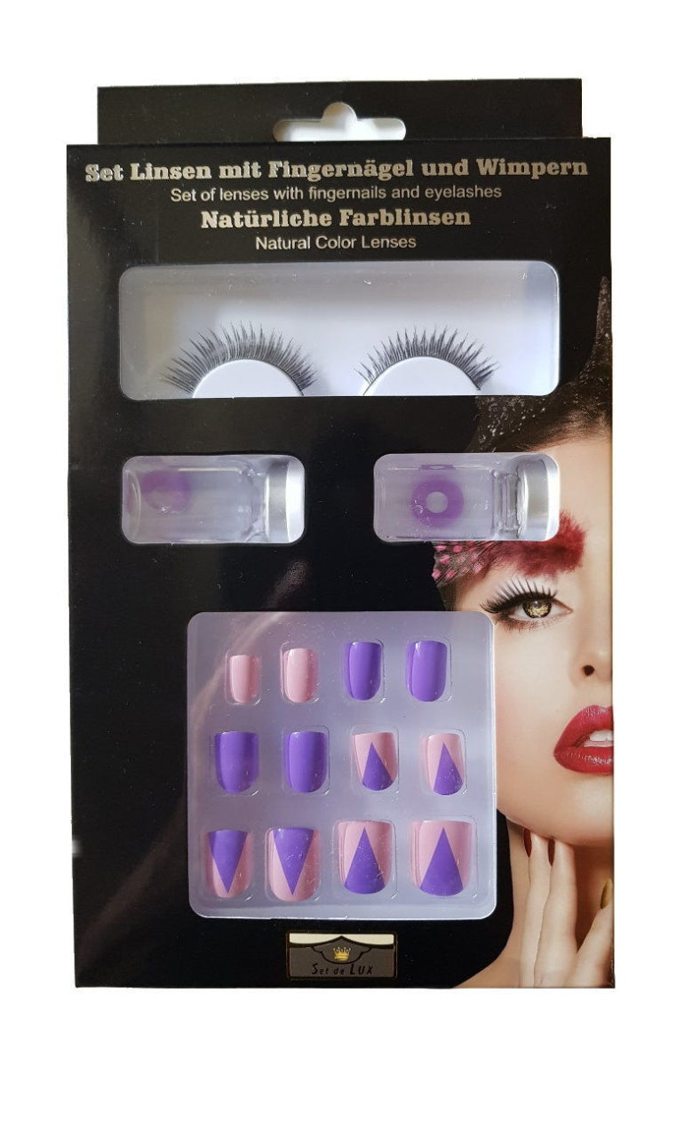 Beautyset Box lila/rosa 22x12,5x2,5cm mit Wimpern, Kontaktlinsen & Fin