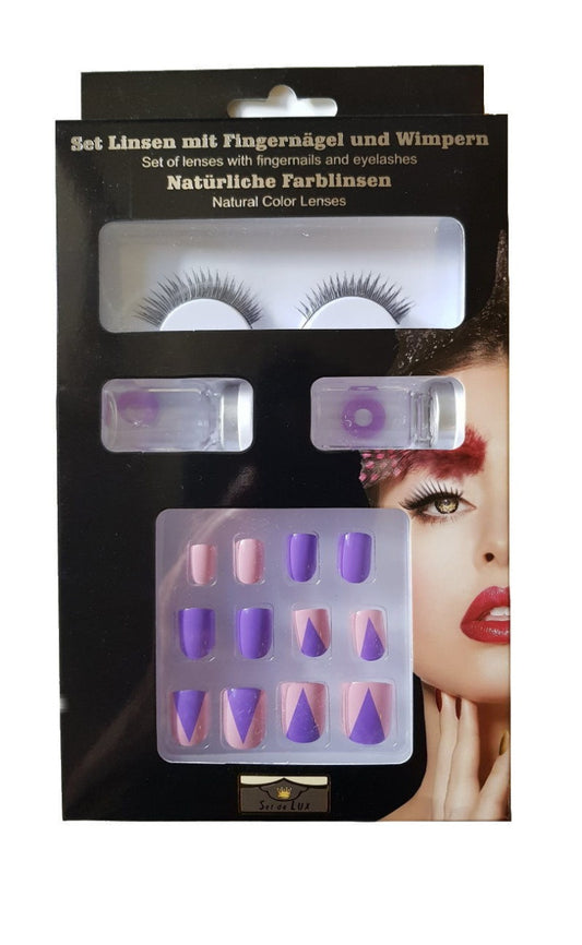 Beautyset Box lila/rosa 22x12,5x2,5cm mit Wimpern, Kontaktlinsen & Fin