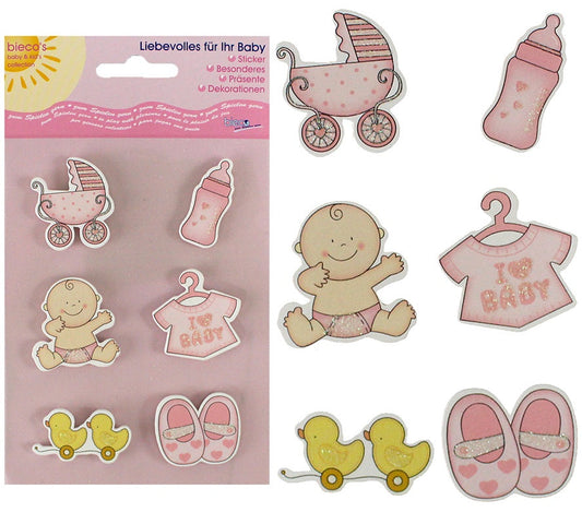 Bieco Holz-Sticker Babymotive rosa 6 Stück - - Bogen ca 17,5x10cm