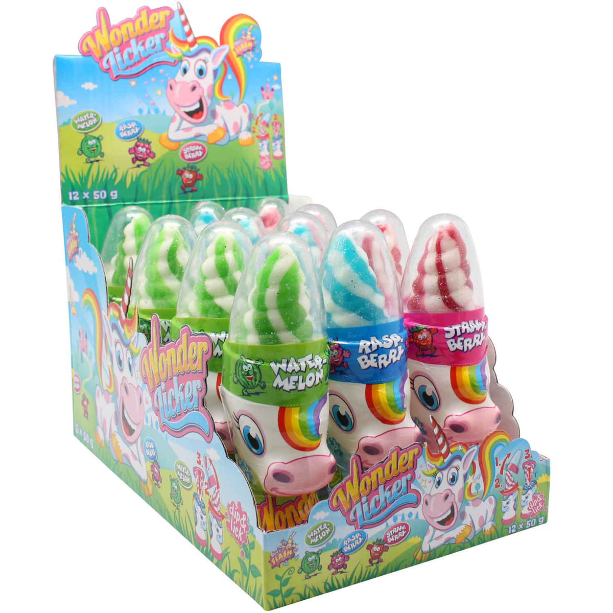 Alex Sweets GmbH Einhorn Lutscher mit saurem Pulver, 50g, 12 Stück