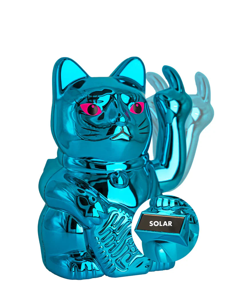 SOLAR CAT - METALLIC BLAU - Winkekatze mit Stinkefinger