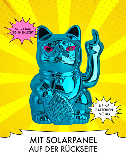 SOLAR CAT - METALLIC BLAU - Winkekatze mit Stinkefinger