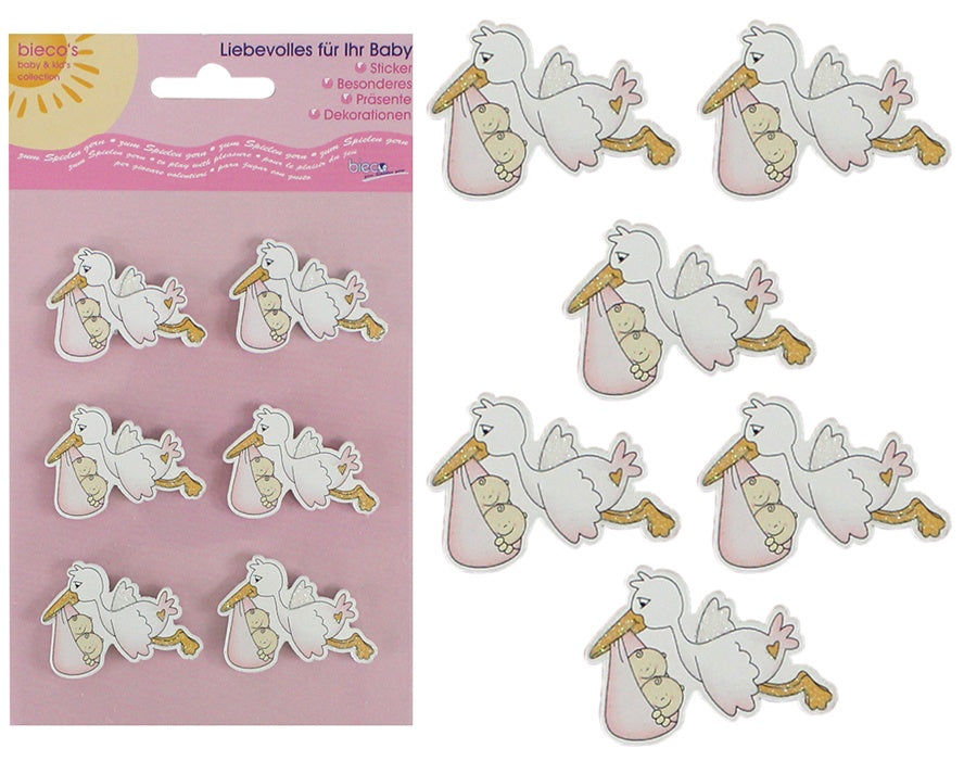 candytoys.ch Bieco Holz-Sticker Storch rosa 6 Stück - Bogen ca 17,5x10cm candytoys.ch Switzerland