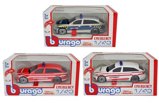candytoys.ch Burago Einsatzfahrzeug METALL 3-fach sort 1:43 Audi A6, Polizei, Feuerwehr und Notarzt mit Licht + Sound candytoys.ch Switzerland