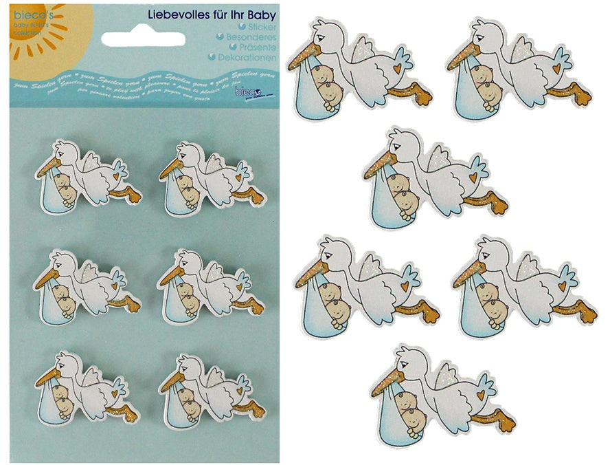 Bieco Holz-Sticker Storch blau 6 Stück - Bogen ca 17,5x10cm