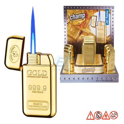 Champ Jetflame Feuerzeug in Goldbarren-Design, stilvoll und funktional
