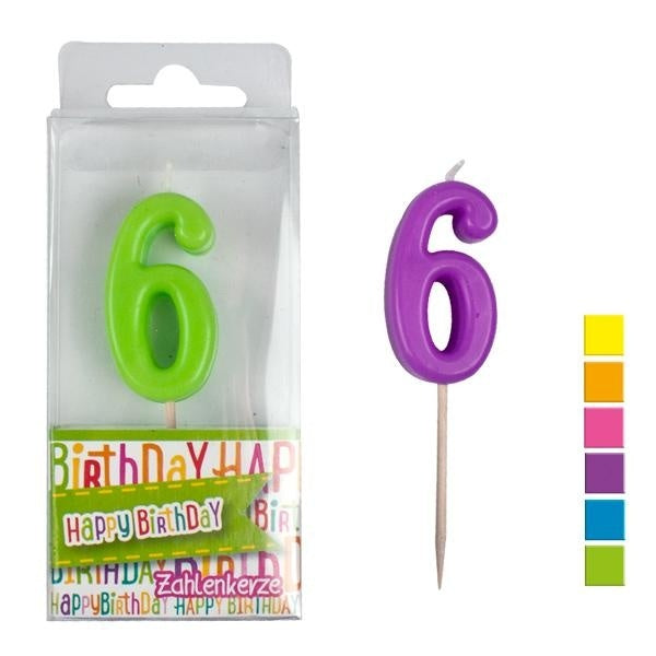 Zahlenkerze 6 - Farbige Sortierung, ca. 4,5 cm für Geburtstag