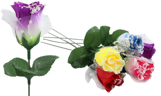 Rose mit Tüll und Schnee 5-fach sortiert ca 26cm