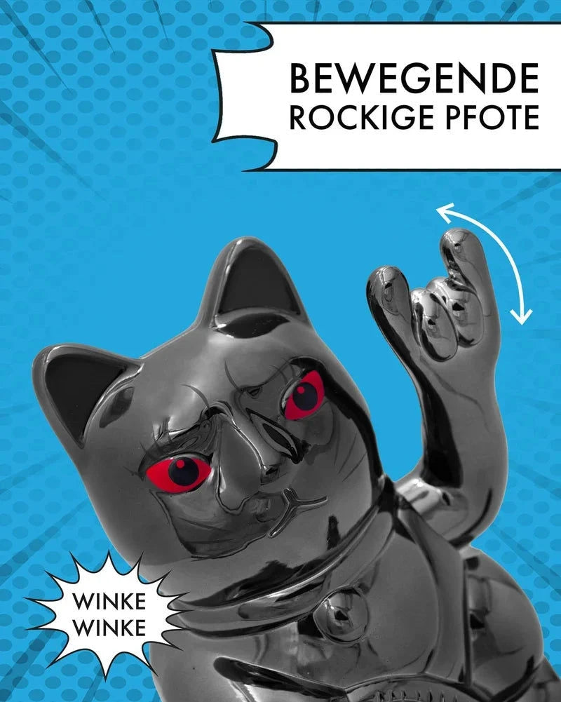 elektroniktrade Winkekatze - ROCK CAT - SHINY BLACK Metallic glänzend