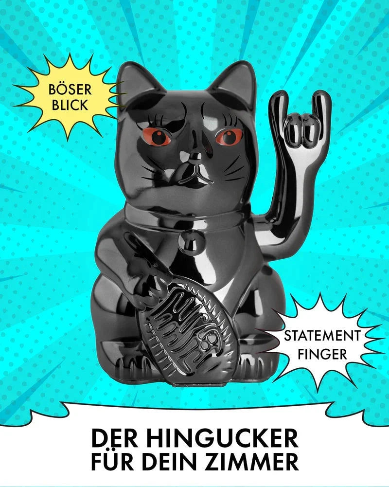 elektroniktrade Winkekatze - ROCK CAT - SHINY BLACK Metallic glänzend
