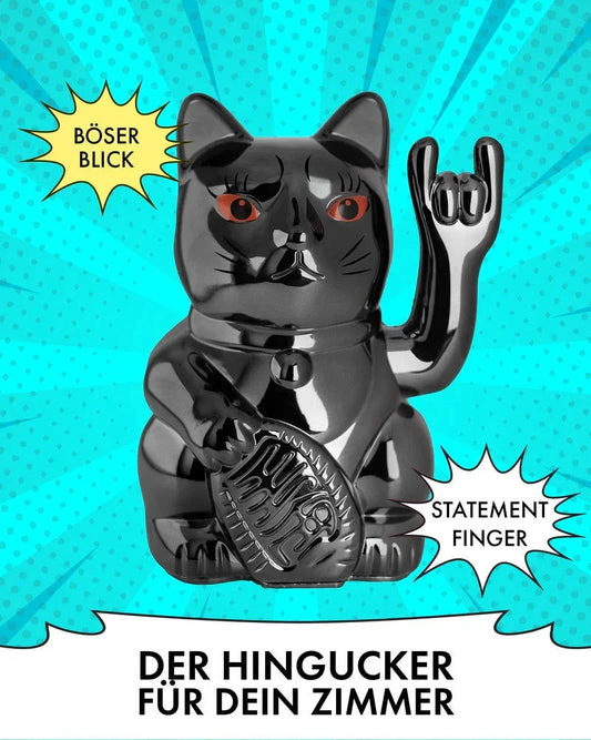 elektroniktrade Winkekatze - ROCK CAT - SHINY BLACK Metallic glänzend