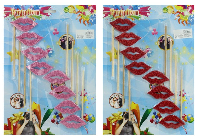 Lippen am Stab - 8 Stück Selfielippen 2-fach sortiert auf Karte ca 35x25cm