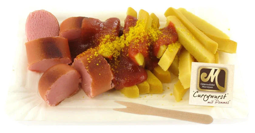 Odenwälder Marzipankonditorei GmbH Marzipan Currywurst mit Pommes 150g - Feine Süßigkeit für Genießer