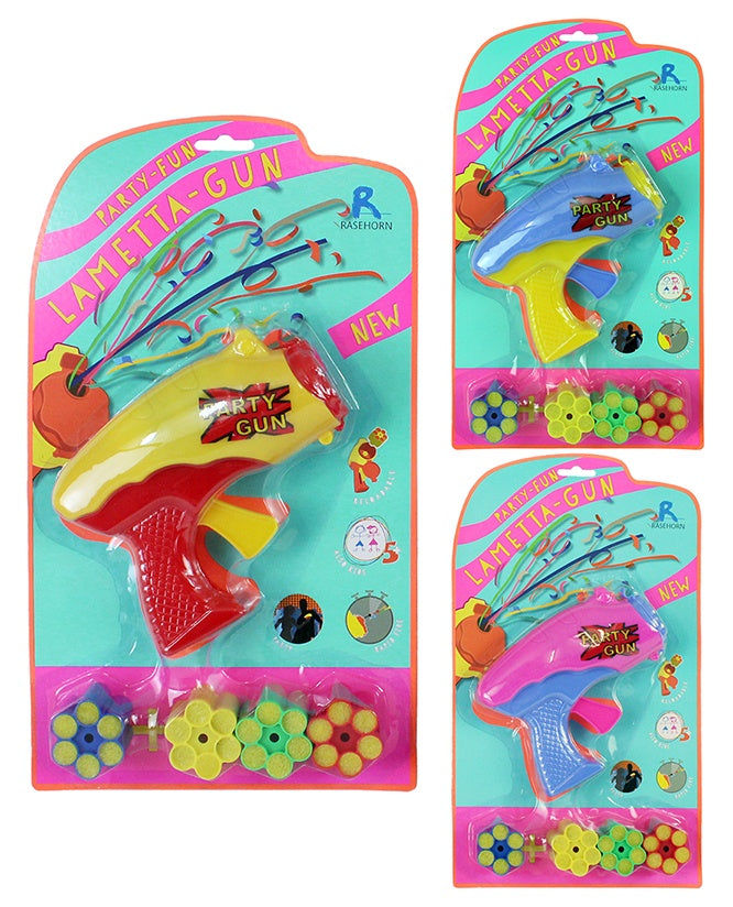 PL Stimmungskanone Lametta 3-farbig sort auf Karte ca 36x21cm mit 4 Patronen á 6 Schuss candytoys.ch Switzerland