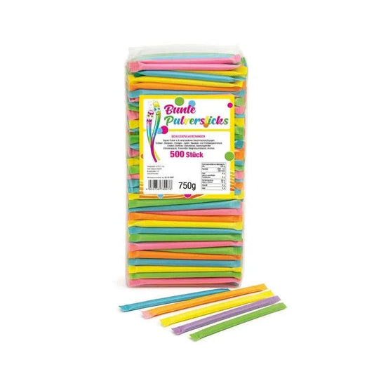 PM 500 Stück – Brausepulver & Süßigkeiten-Stangen | Neon Pulversticks