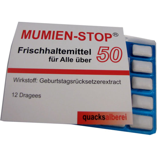 WITZIGE KAUGUMMIS "MUMIEN-STOP 50" ZUM 50. GEBURTSTAG